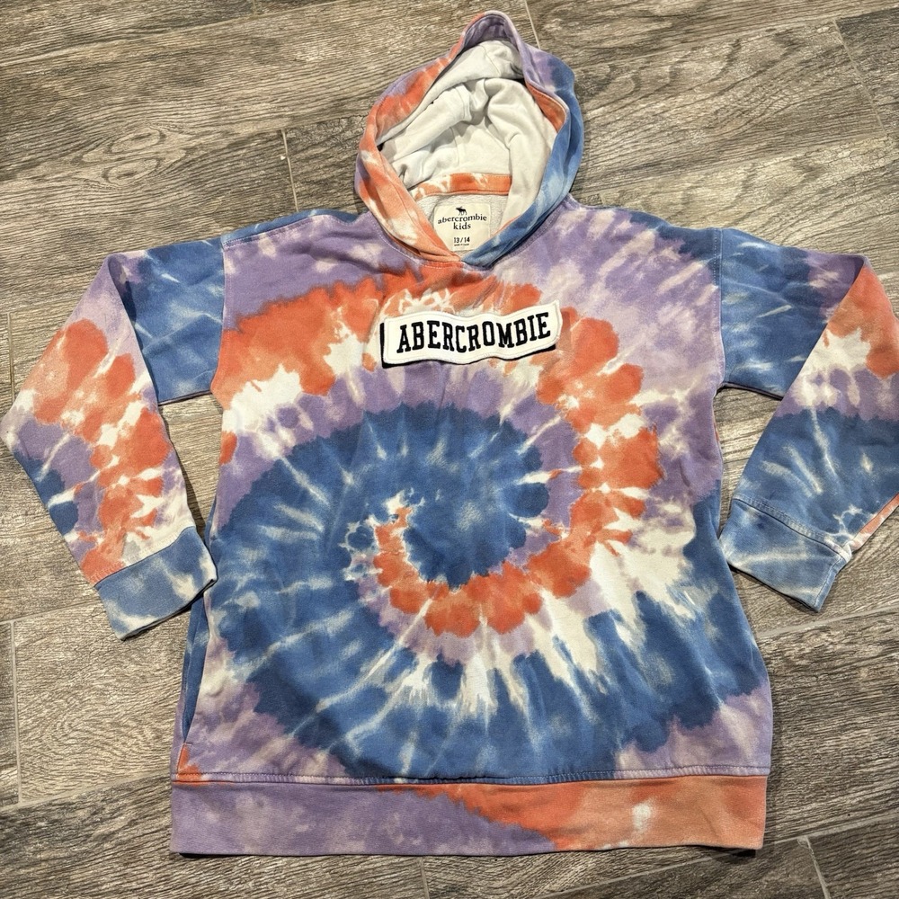 Abercrombie Kids 13-14 Hooded Tie Dye Sweatshirt Patch Logo Front Multicolor